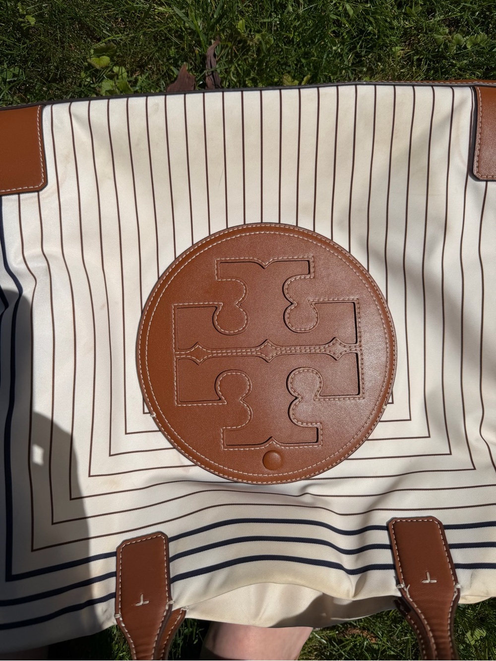 Tory Burch Cream Stripe Ella Print Tote with Tan Leather Trim - Large - Picture 10 of 12